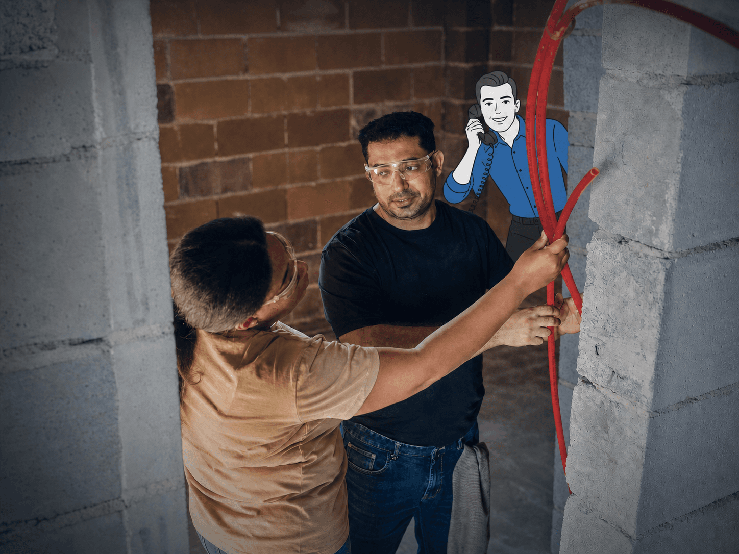 Kai assisting a plumbing professional at a service call