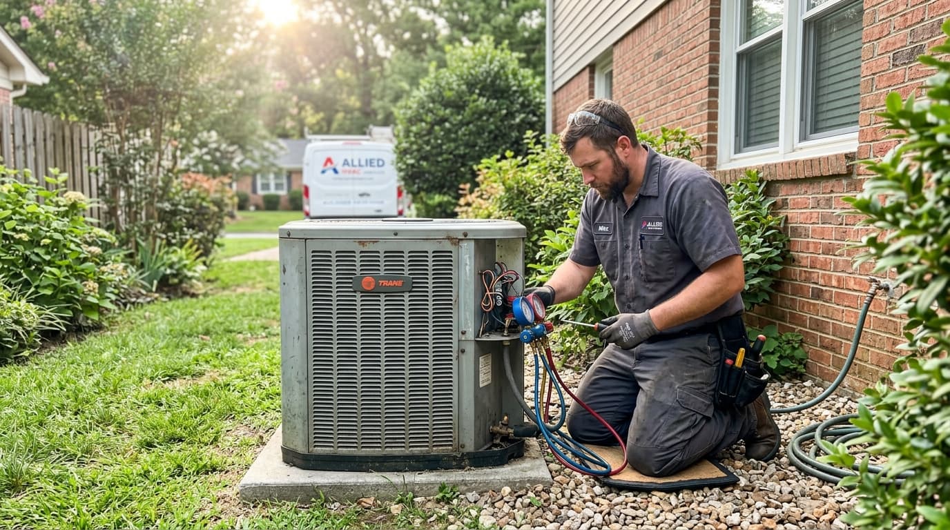 Service professional working beside an outdoor HVAC system